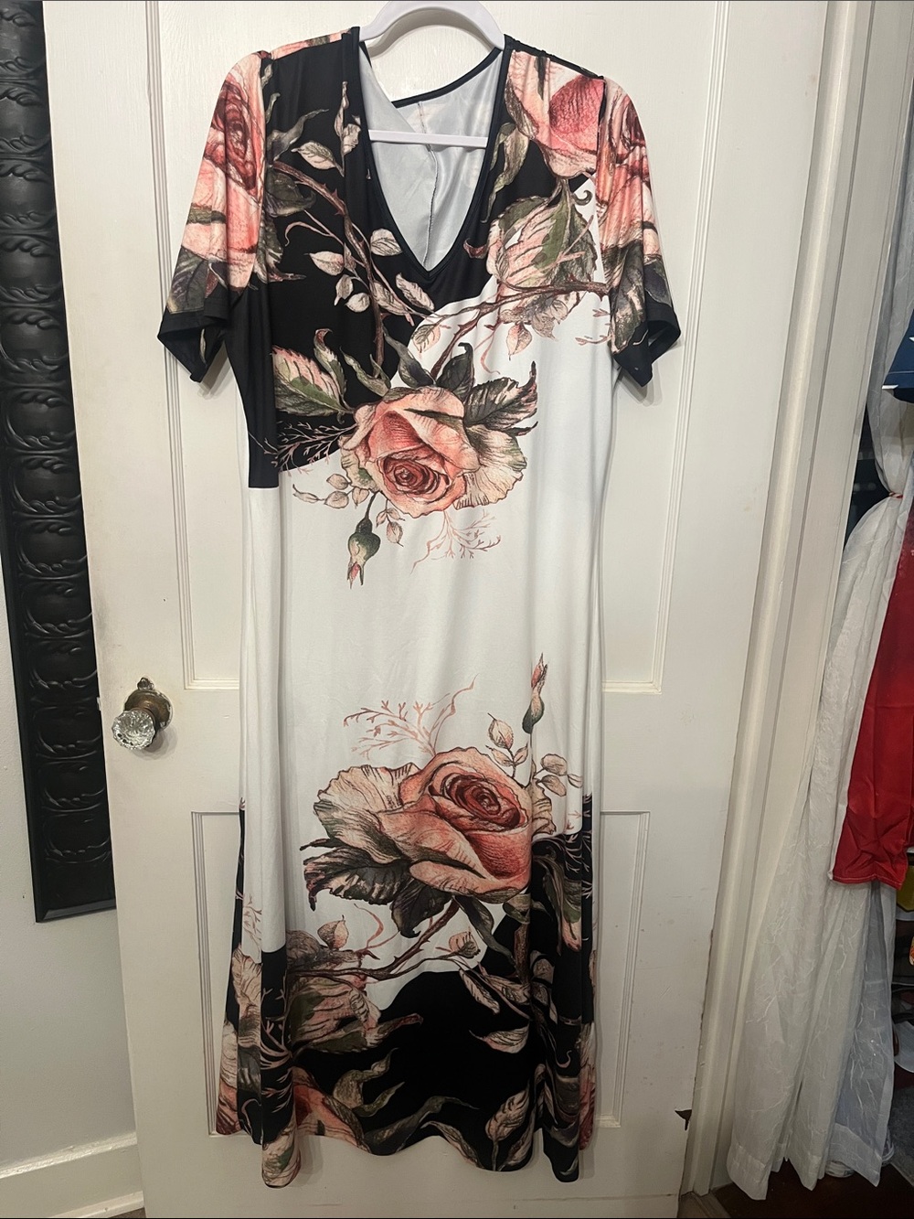 Floral V-Neck Maxi Dress in White and Black with Rose Print